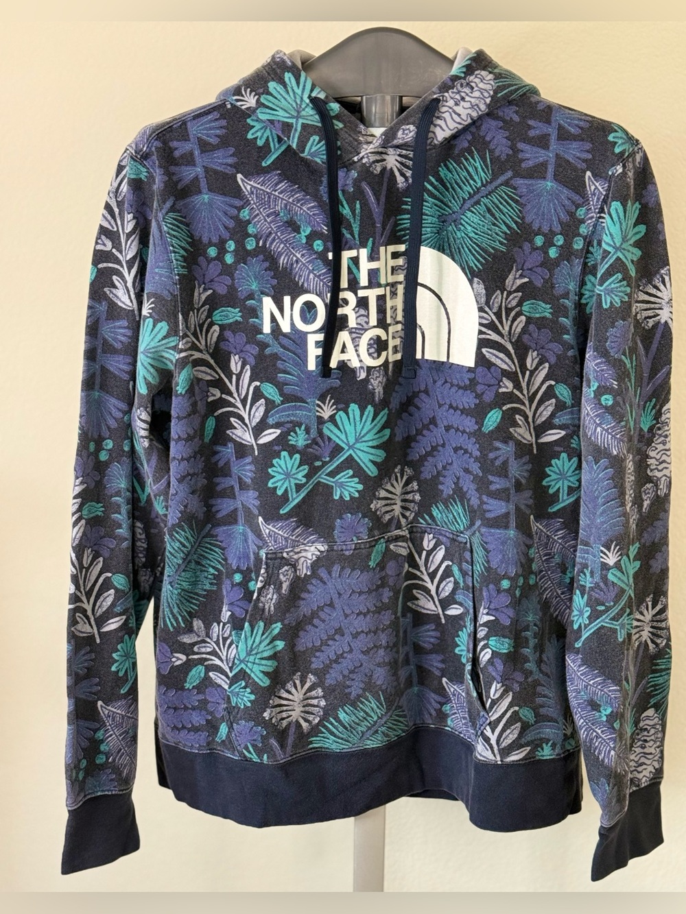 The North Face Navy Floral Crewneck Hoodie with Teal and Gray Accents
